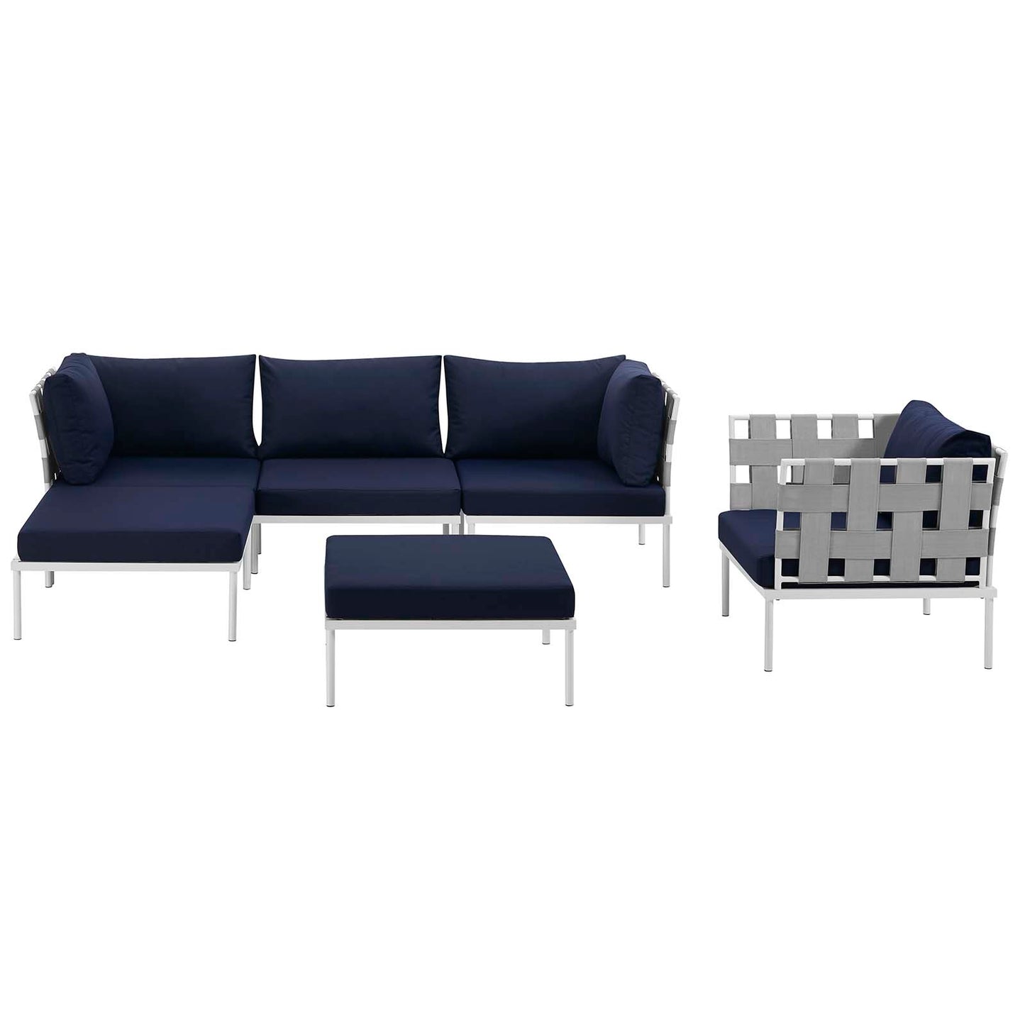 Harmony 6 Piece Outdoor Patio Aluminum Sectional Sofa Set White Navy EEI-2626-WHI-NAV-SET