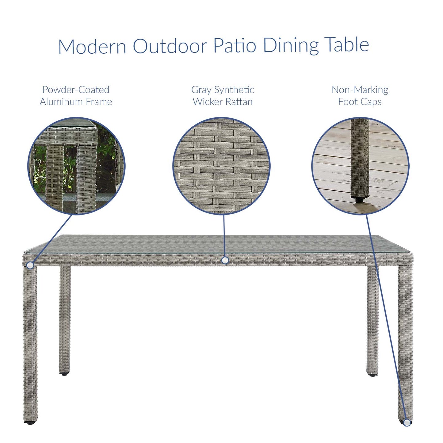 Aura 68" Outdoor Patio Wicker Rattan Dining Table Gray