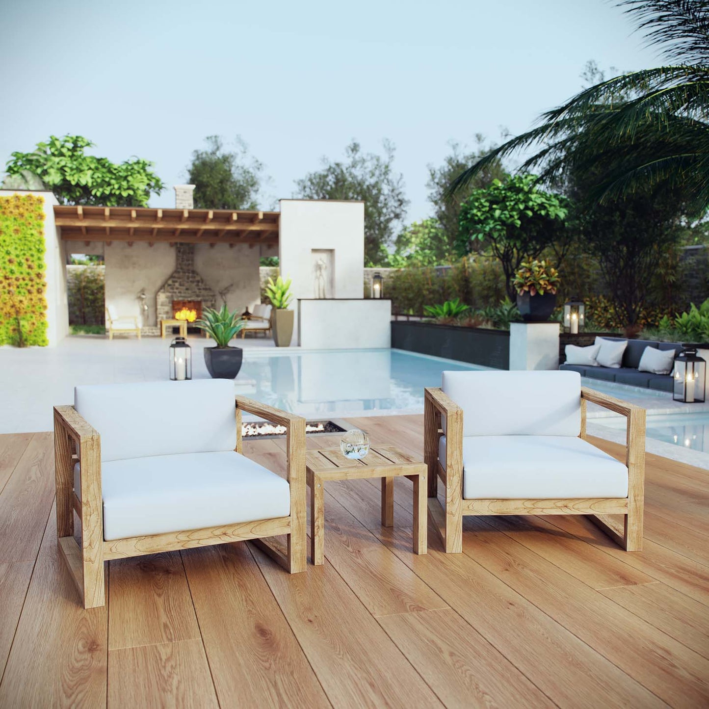 Upland 3 Piece Outdoor Patio Teak Set Natural White