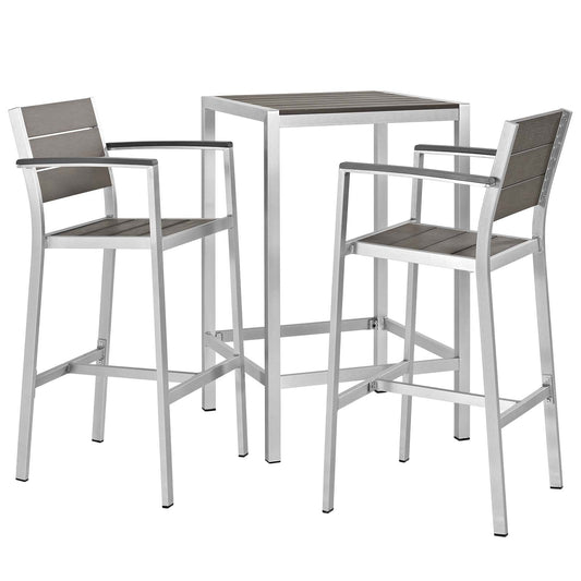 Shore 3 Piece Outdoor Patio Aluminum Pub Set Silver Gray