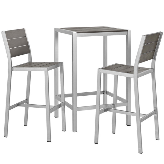 Shore 3 Piece Outdoor Patio Aluminum Pub Set Silver Gray