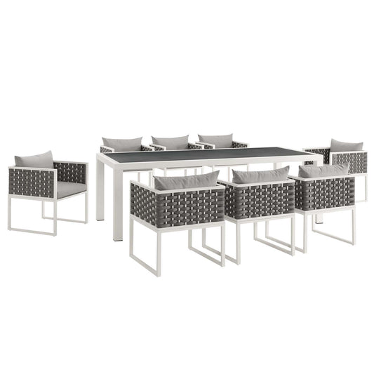Stance 9 Piece Outdoor Patio Aluminum Dining Set White Gray