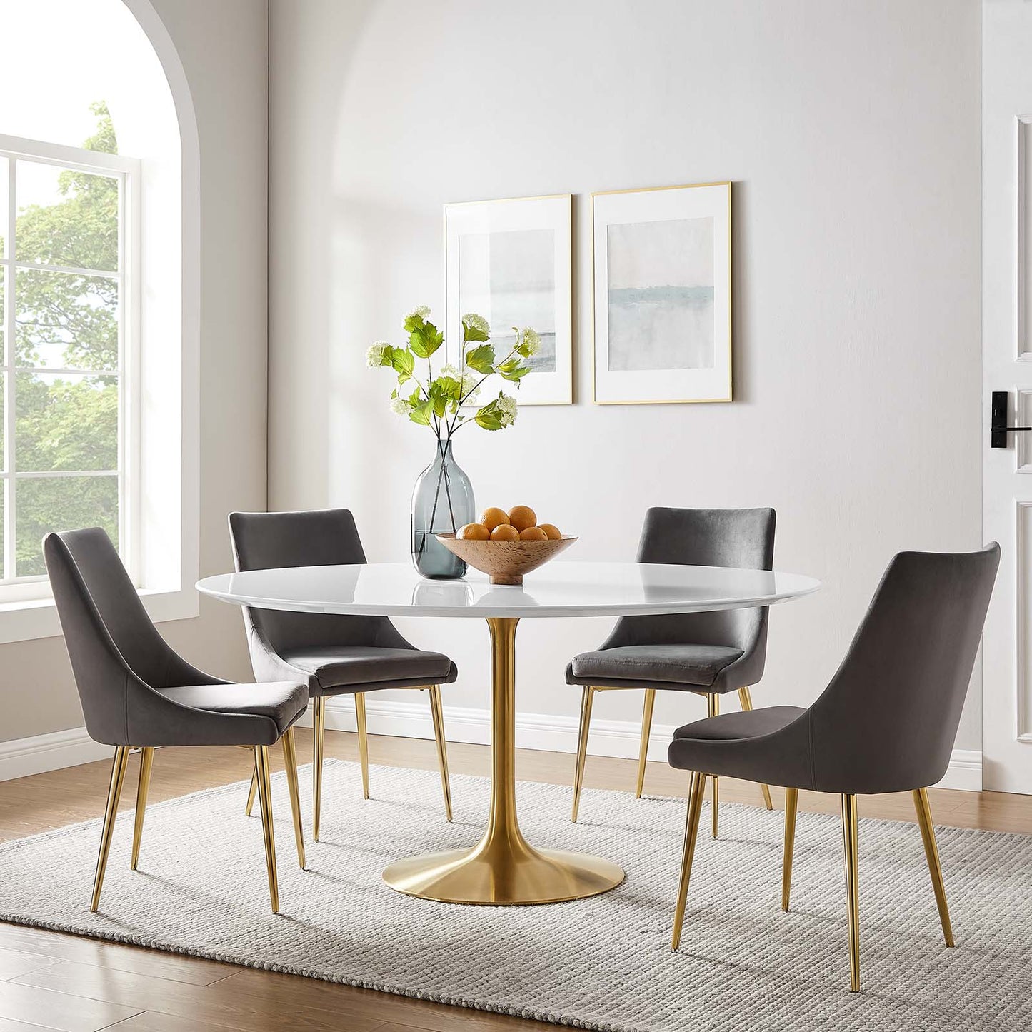 Lippa 60" Round Wood Dining Table - Gold and White, Natural Finishes