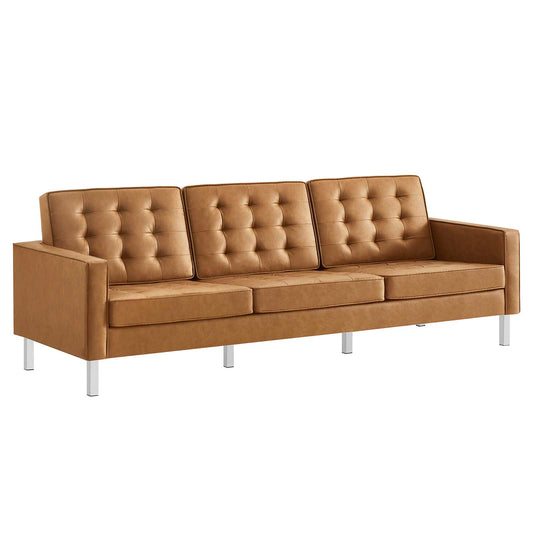Loft Tufted Vegan Leather Sofa Silver Tan