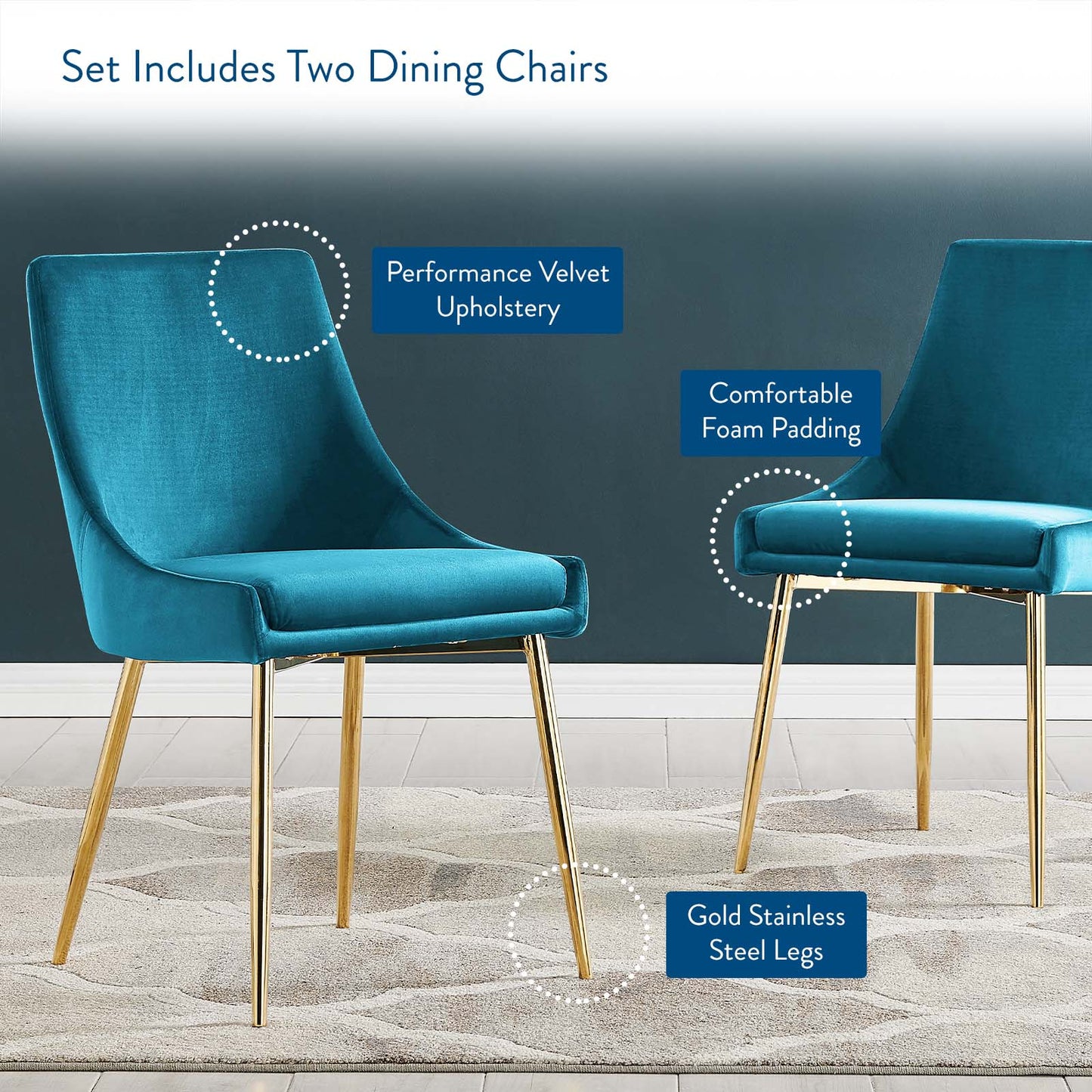 Viscount Performance Velvet Dining Chairs - Set of 2 Gold Blue EEI-3808-GLD-BLU