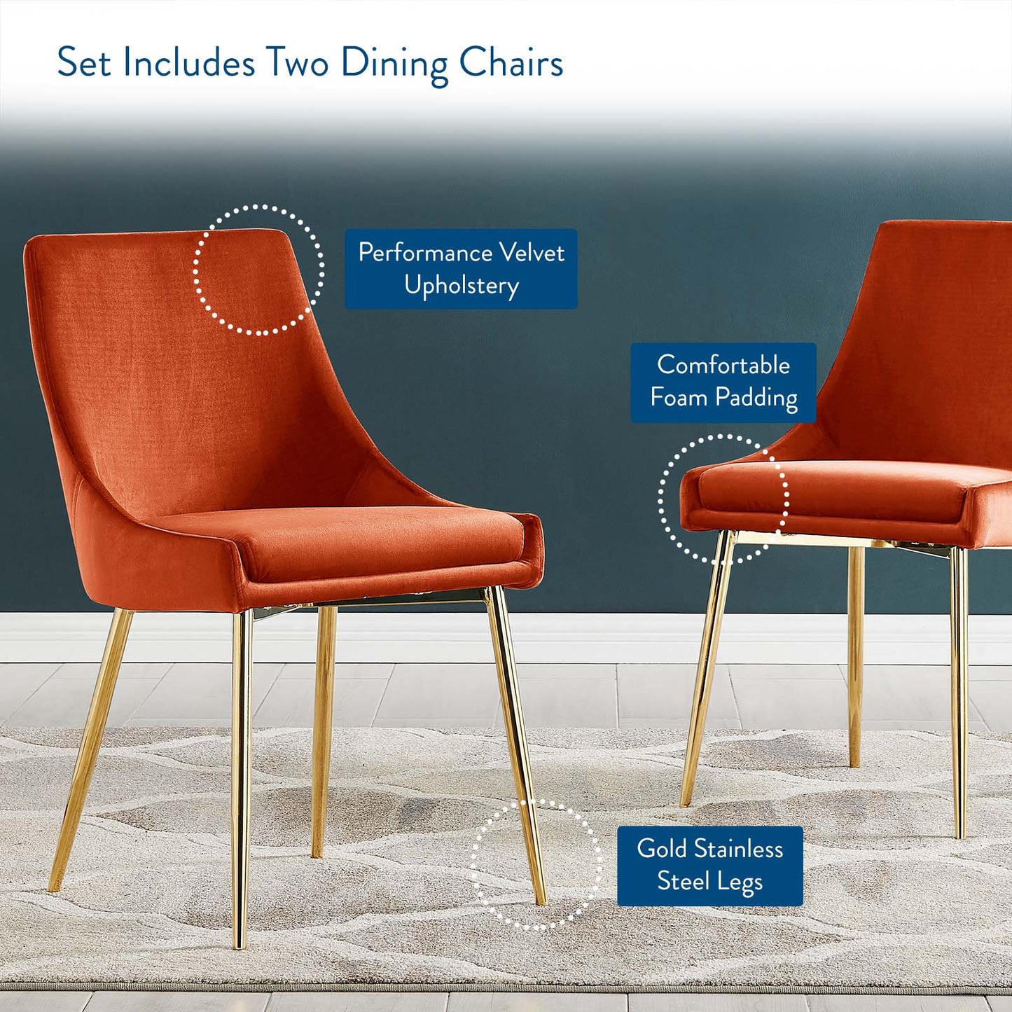 Viscount Performance Velvet Dining Chairs - Set of 2 Gold Orange EEI-3808-GLD-ORA