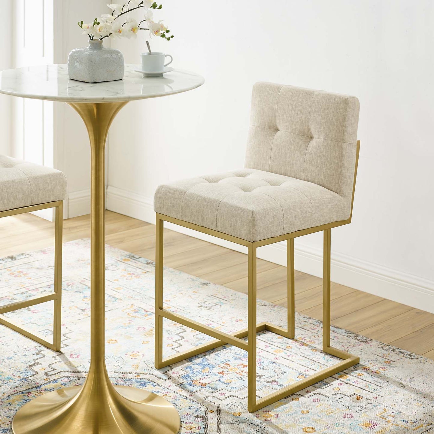 Privy Gold Stainless Steel Upholstered Fabric Counter Stool Gold Beige EEI-3852-GLD-BEI