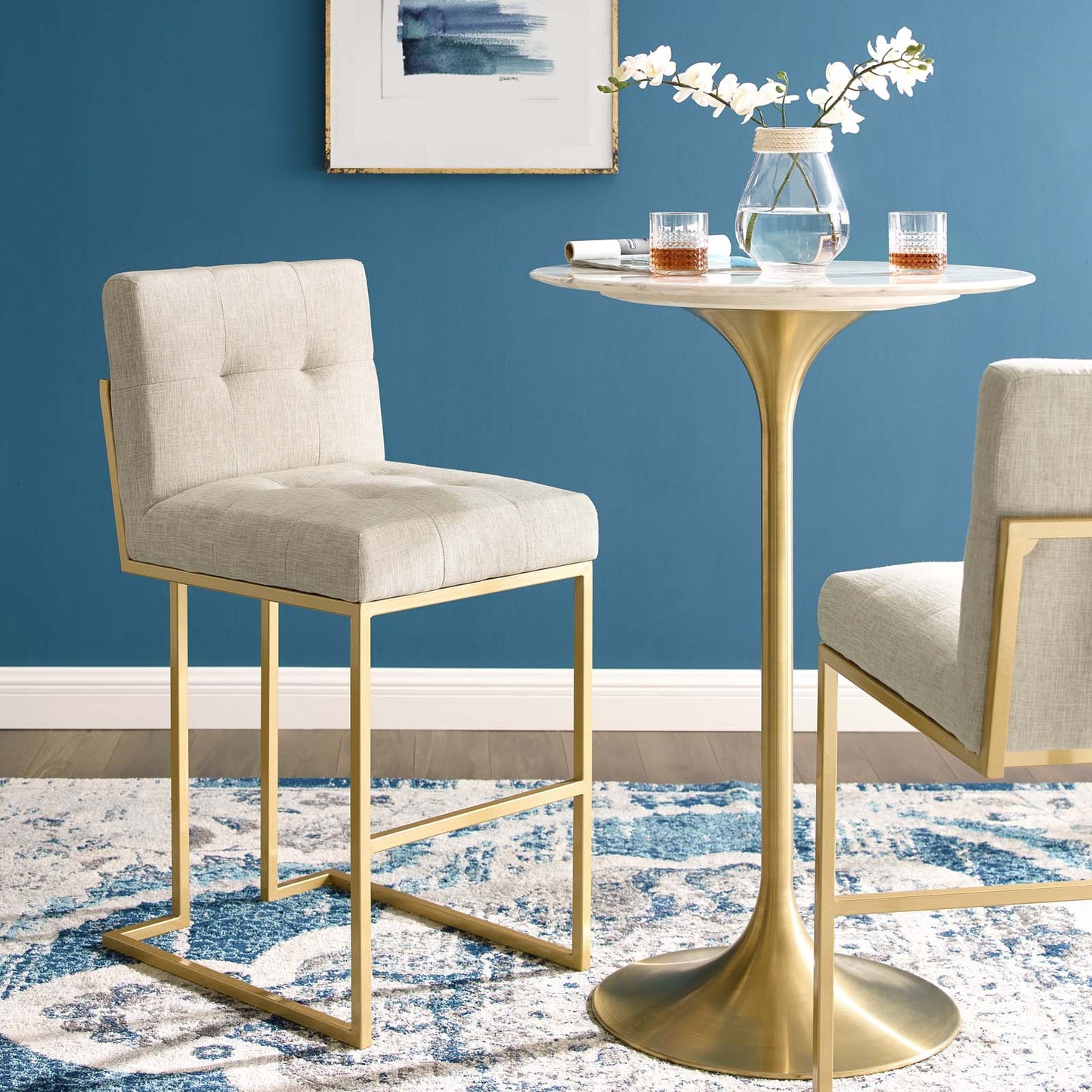 Privy Gold Stainless Steel Upholstered Fabric Bar Stool Gold Beige EEI-3855-GLD-BEI