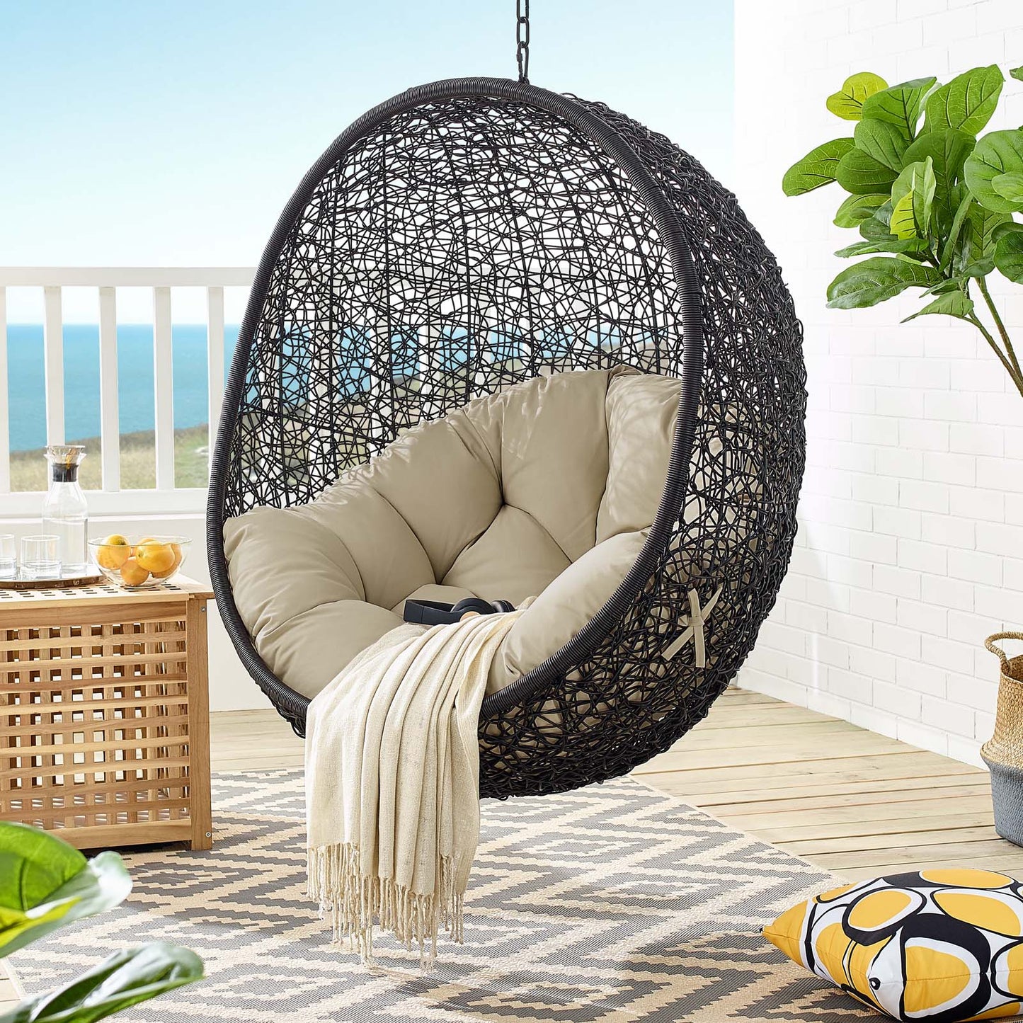Encase Sunbrella® Swing Outdoor Patio Lounge Chair Black Beige EEI-3943-BLK-BEI