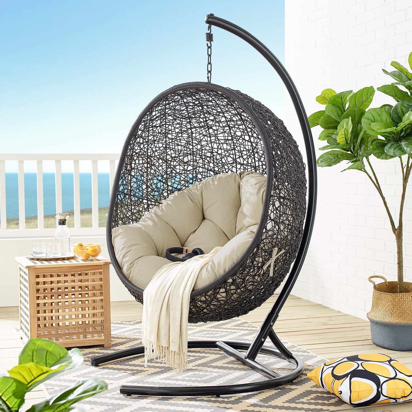 Encase Sunbrella® Swing Outdoor Patio Lounge Chair Black Beige EEI-3943-BLK-BEI