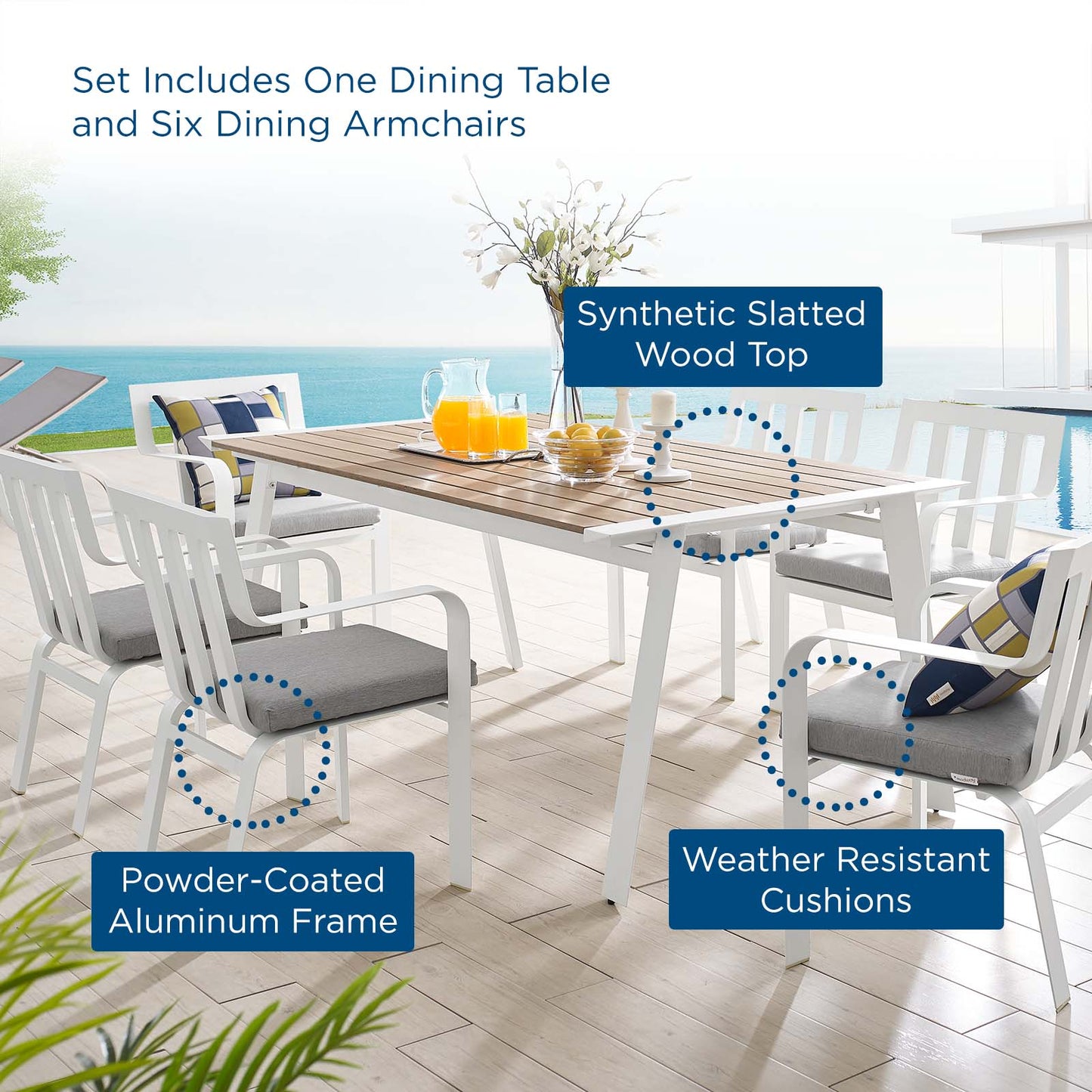 Baxley 7 Piece Outdoor Patio Aluminum Dining Set White Gray EEI-3965-WHI-GRY
