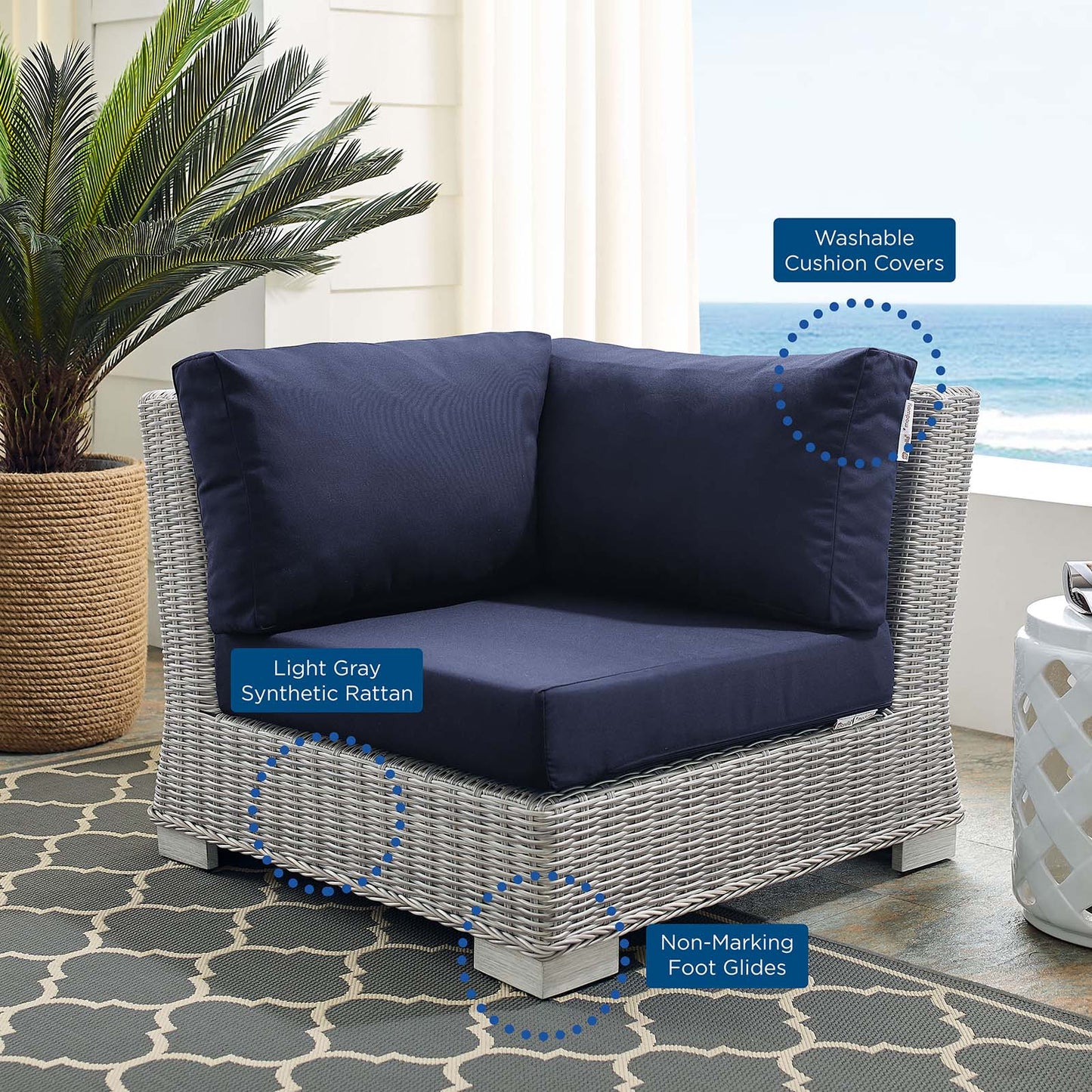Conway Sunbrella® Outdoor Patio Wicker Rattan Corner Chair Light Gray Navy EEI-3970-LGR-NAV