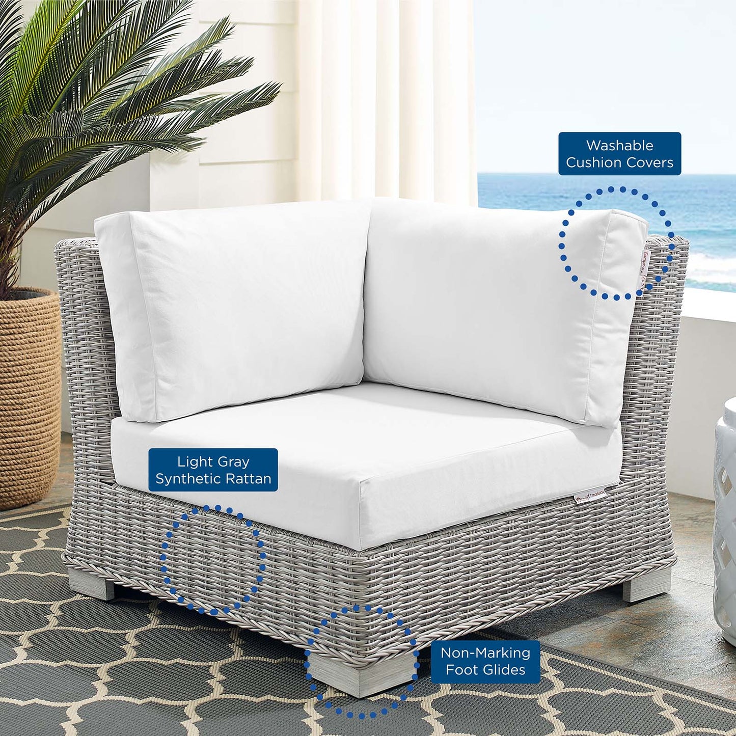 Conway Sunbrella® Outdoor Patio Wicker Rattan Corner Chair Light Gray White EEI-3970-LGR-WHI