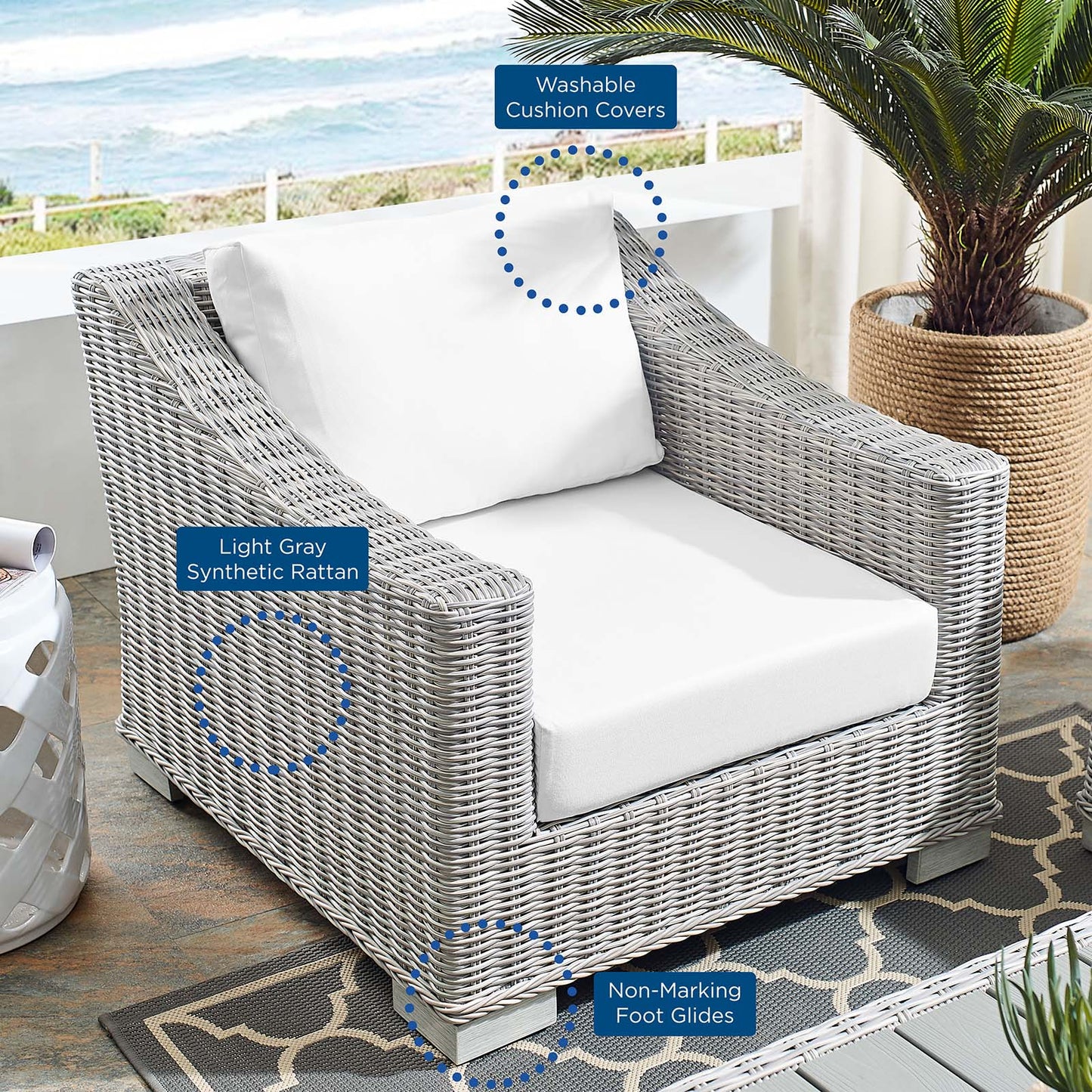 Conway Sunbrella® Outdoor Patio Wicker Rattan Armchair Light Gray White EEI-3972-LGR-WHI