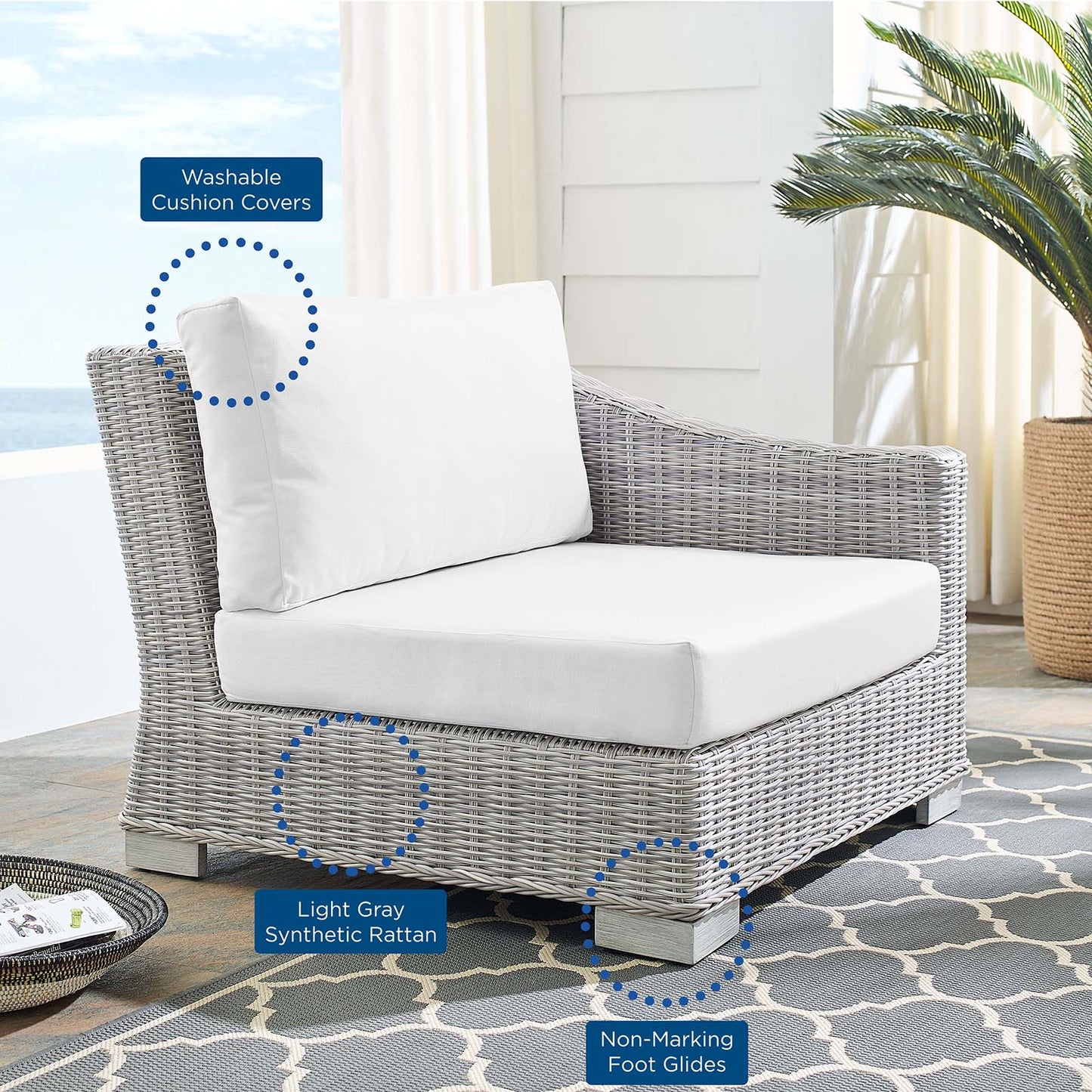Conway Sunbrella® Outdoor Patio Wicker Rattan Right-Arm Chair Light Gray White EEI-3976-LGR-WHI