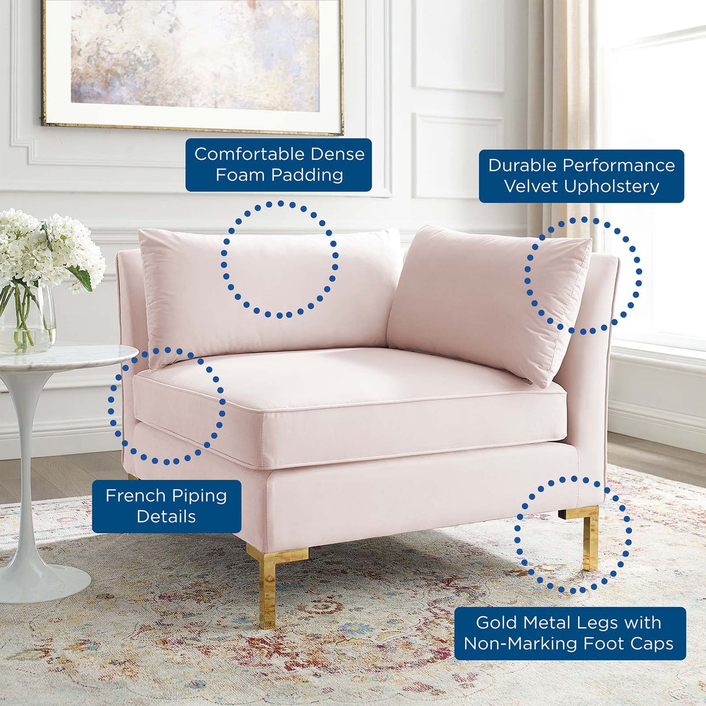 Ardent Performance Velvet Sectional Sofa Corner Chair Pink EEI-3985-PNK