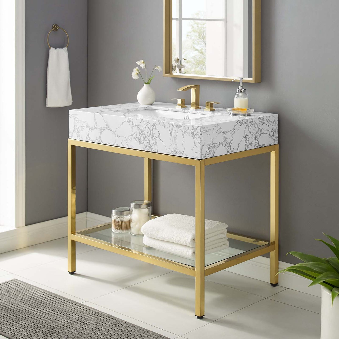 Kingsley 36" Gold Stainless Steel Bathroom Vanity Gold White EEI-3997-GLD-WHI