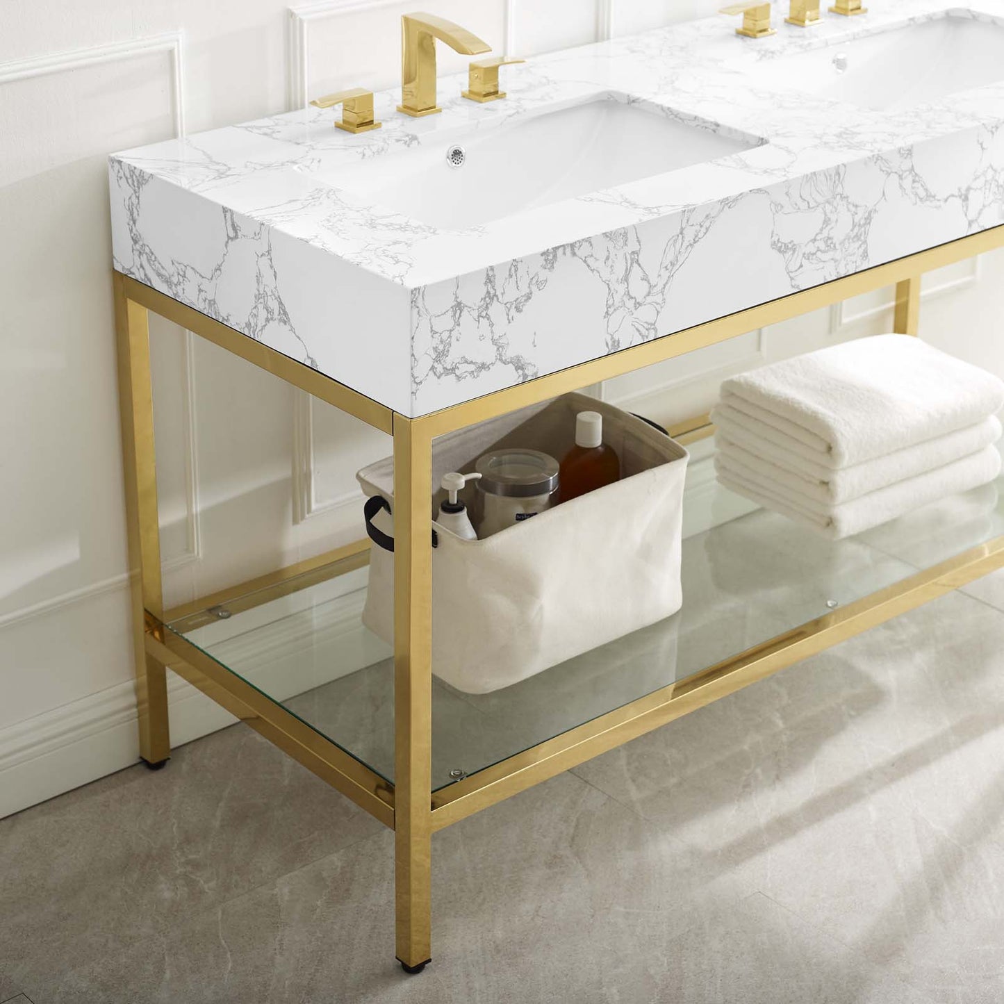 Kingsley 60" Gold Stainless Steel Bathroom Vanity Gold White EEI-4001-GLD-WHI