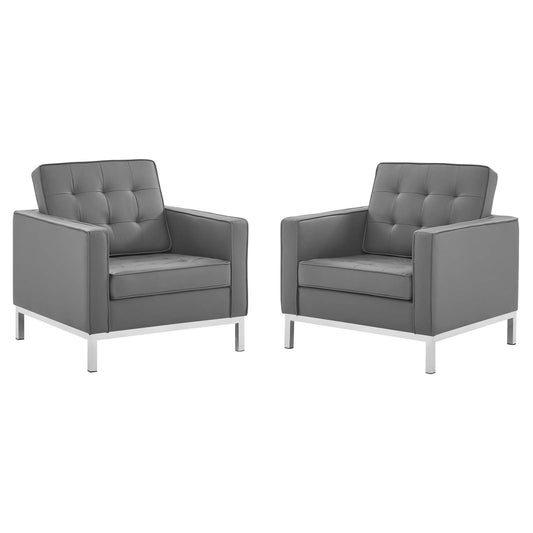 Loft Tufted Vegan Leather Armchairs - Set of 2 Silver Gray