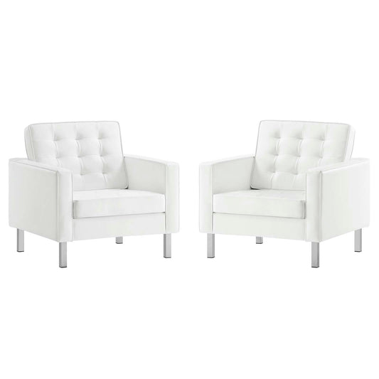 Loft Tufted Vegan Leather Armchairs - Set of 2 Silver White