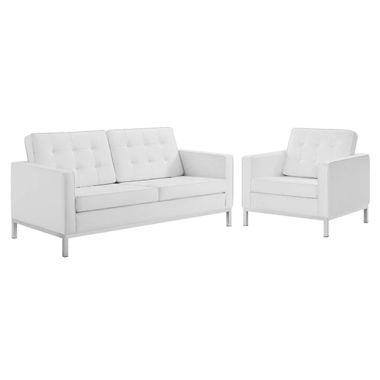 Loft Tufted Upholstered Faux Leather Loveseat and Armchair Set Silver White