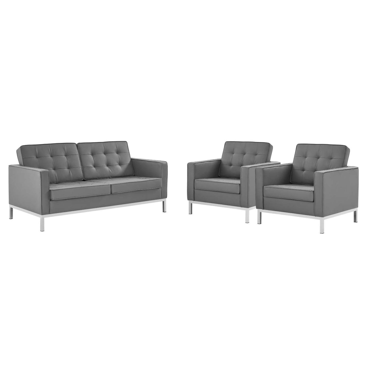 Loft 3 Piece Tufted Upholstered Faux Leather Set Silver Gray EEI-4103-SLV-GRY-SET