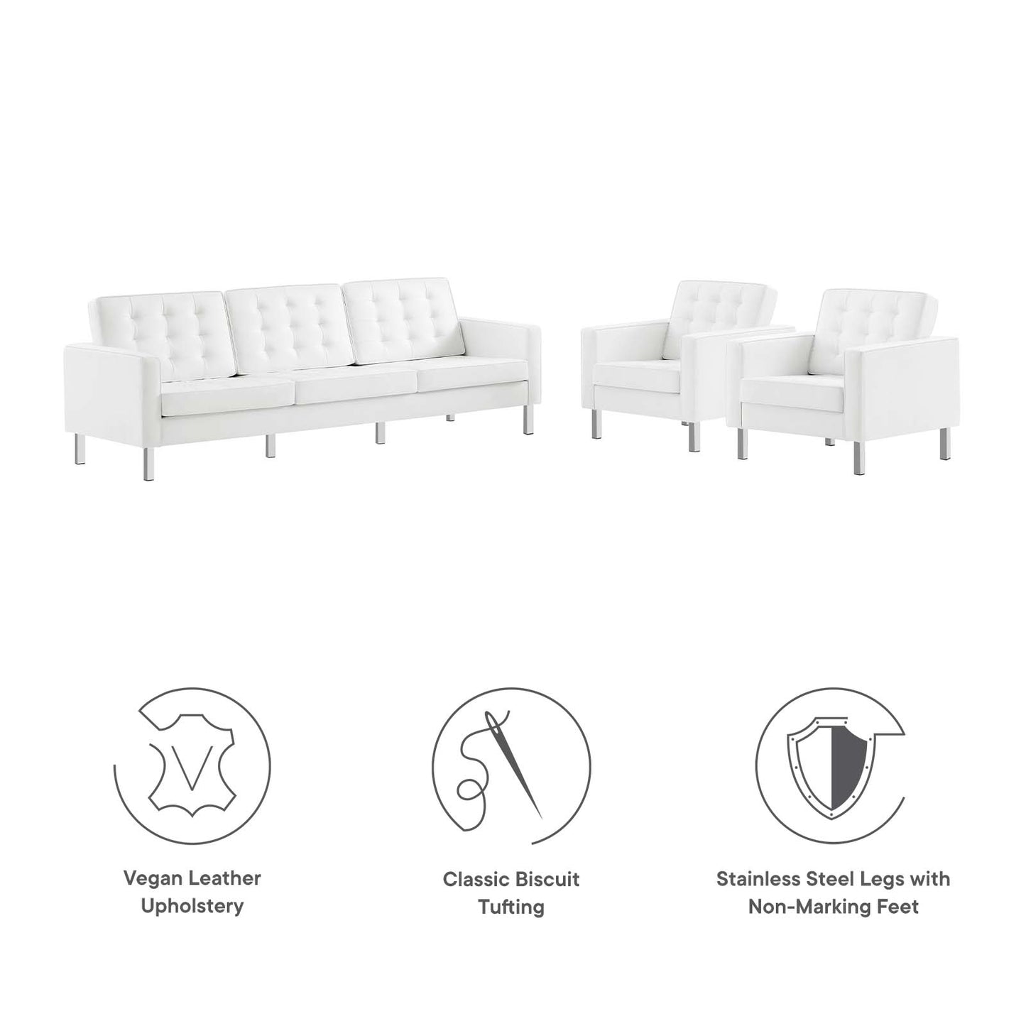Loft Tufted Vegan Leather 3-Piece Furniture Set Silver White EEI-4105-SLV-WHI-SET