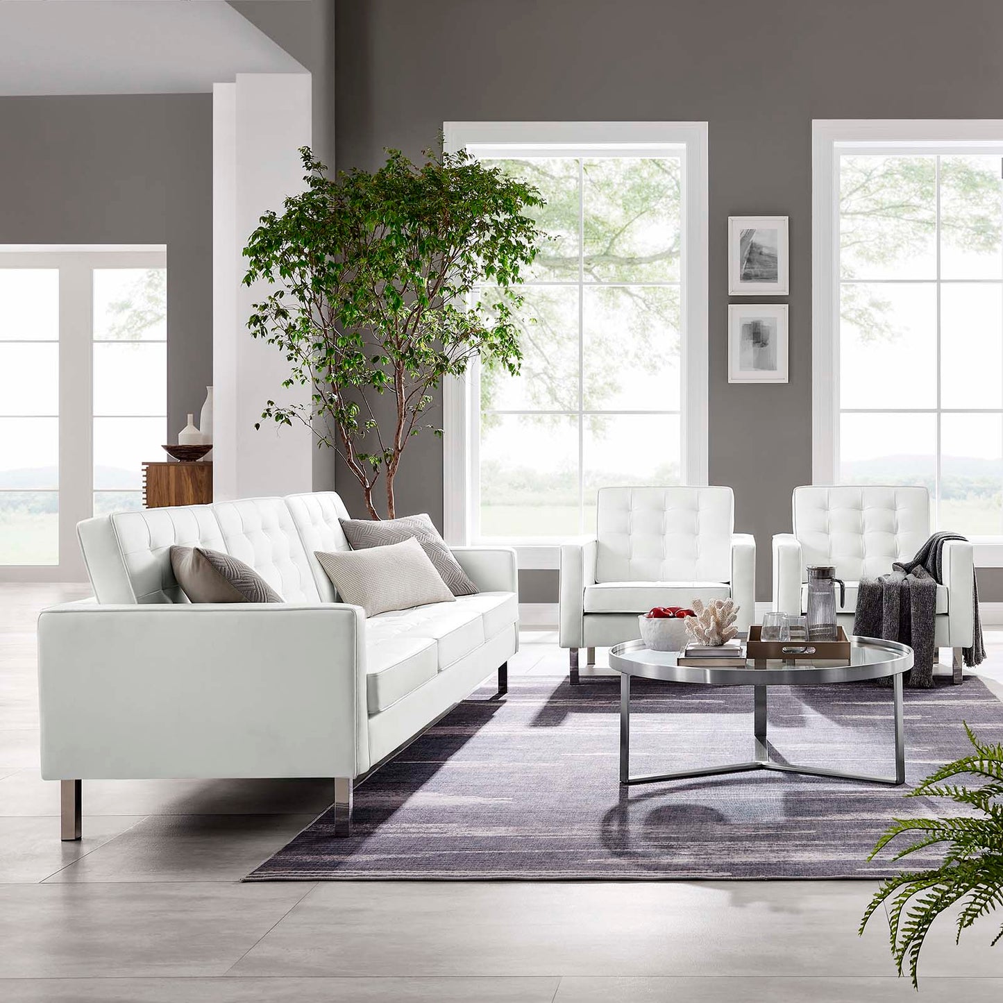 Loft Tufted Vegan Leather 3-Piece Furniture Set Silver White EEI-4105-SLV-WHI-SET
