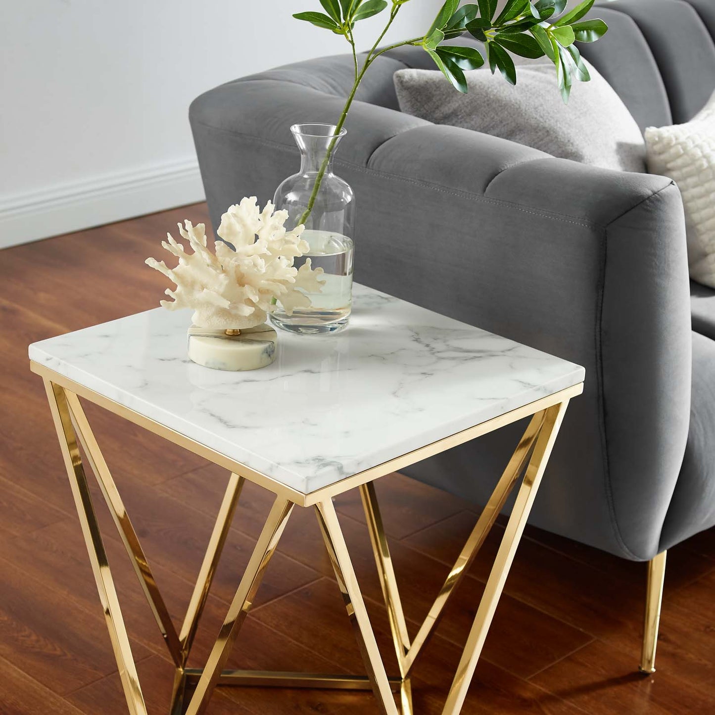Vertex Gold Metal Stainless Steel End Table Gold White EEI-4206-GLD-WHI