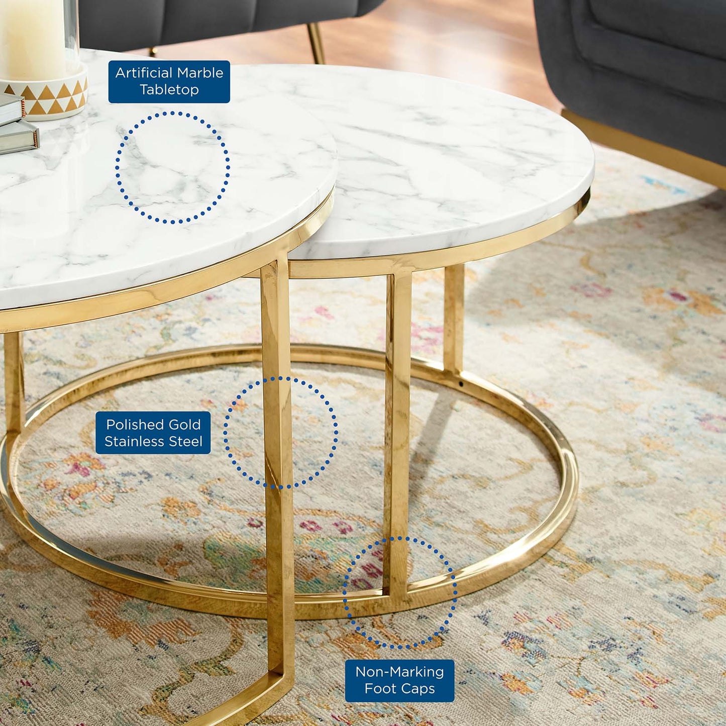 Ravenna Artificial Marble Nesting Coffee Table Gold White EEI-4208-GLD-WHI