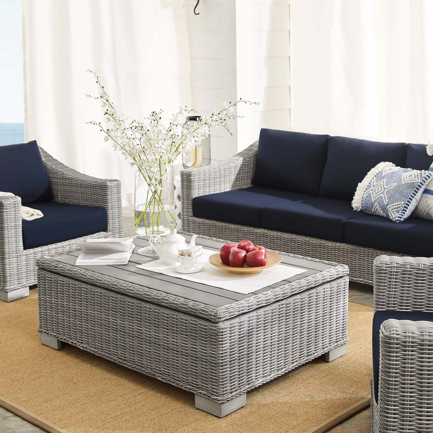 Conway Sunbrella® Outdoor Patio Wicker Rattan 4-Piece Furniture Set Light Gray Navy EEI-4359-LGR-NAV