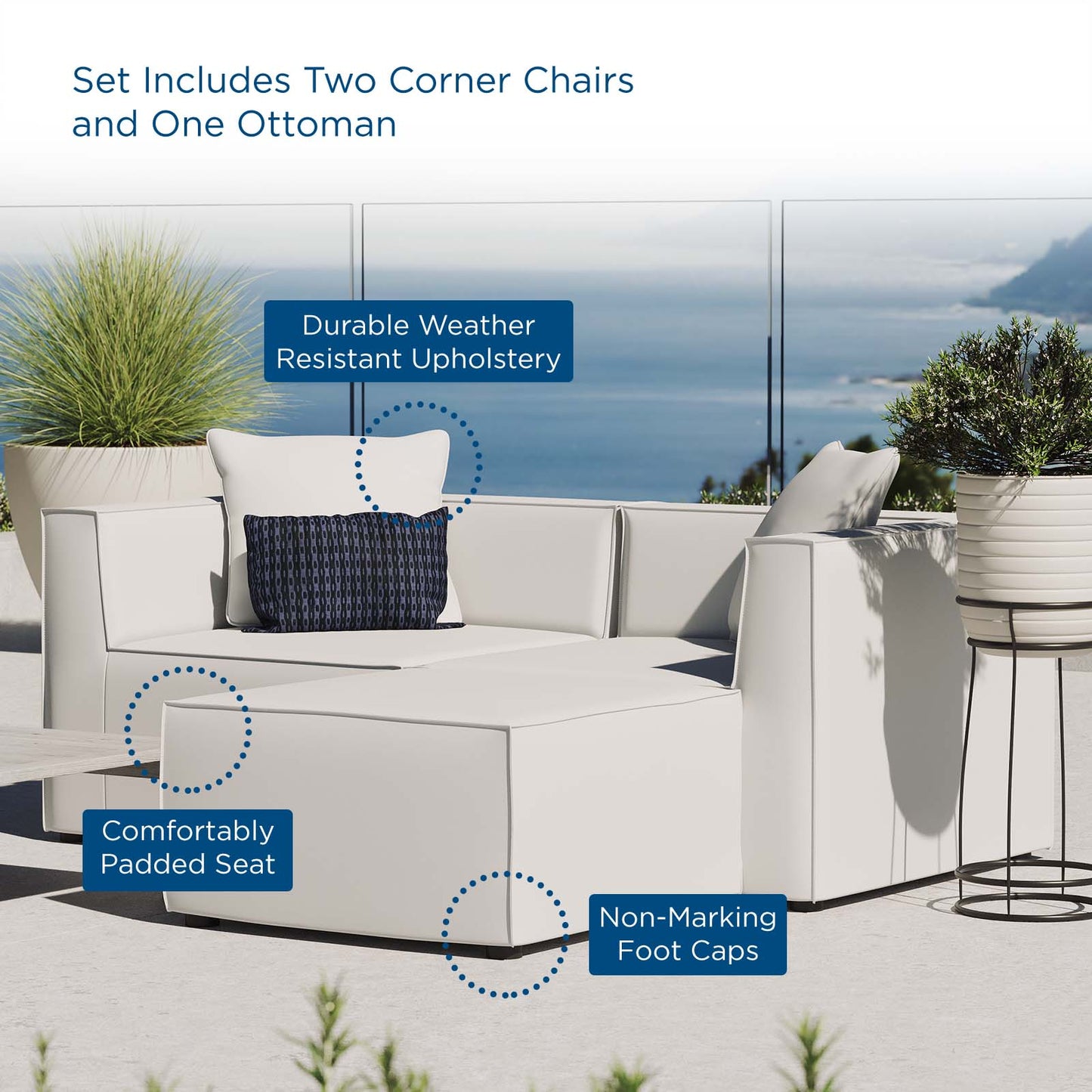 Saybrook Outdoor Patio Upholstered Loveseat and Ottoman Set White EEI-4378-WHI