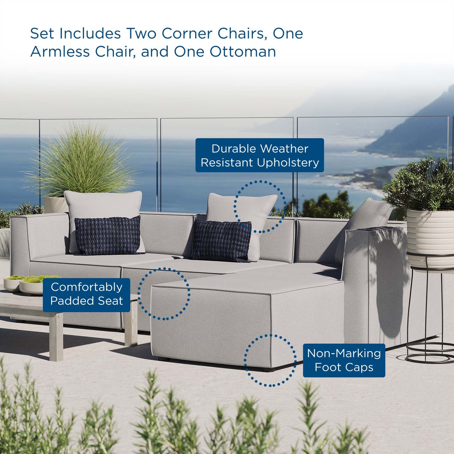 Saybrook Outdoor Patio Upholstered 4-Piece Sectional Sofa Gray EEI-4380-GRY