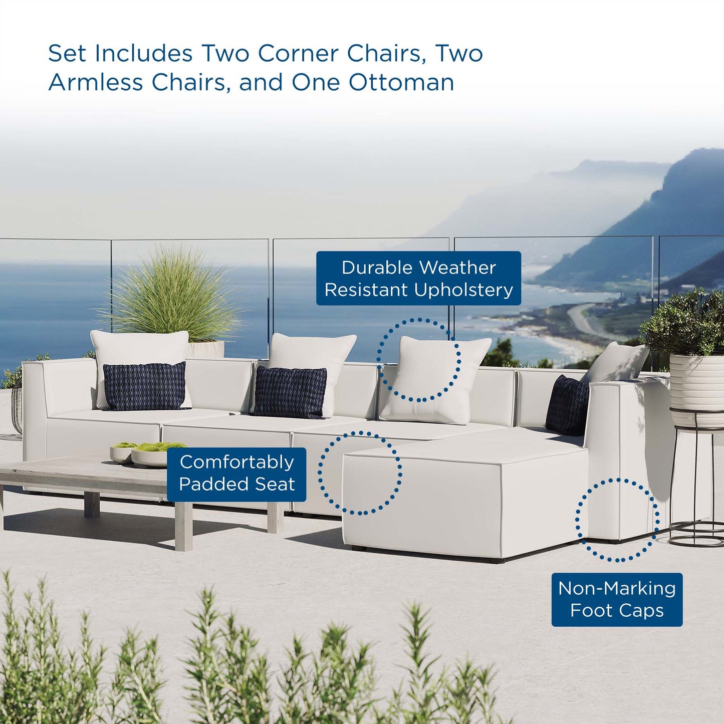 Saybrook Outdoor Patio Upholstered 5-Piece Sectional Sofa White EEI-4382-WHI
