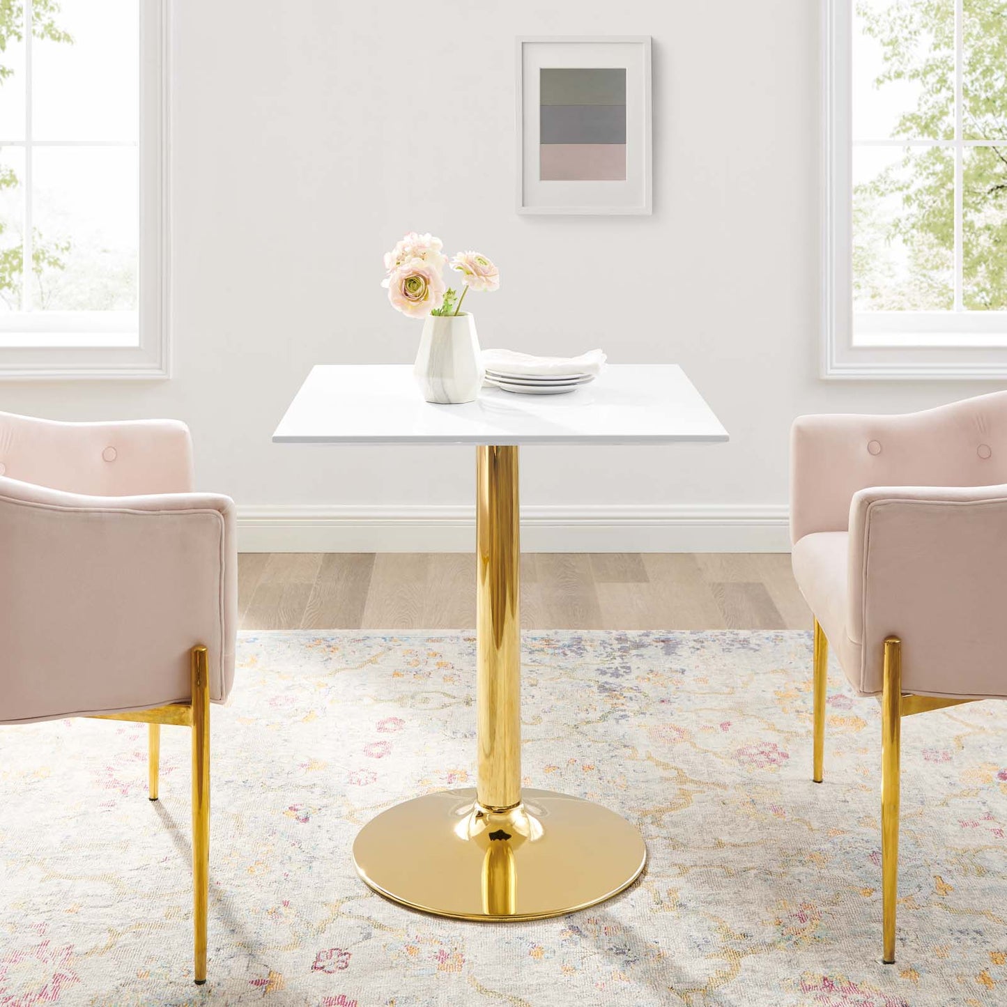 Verne 28" Square Dining Table Gold White EEI-4546-GLD-WHI