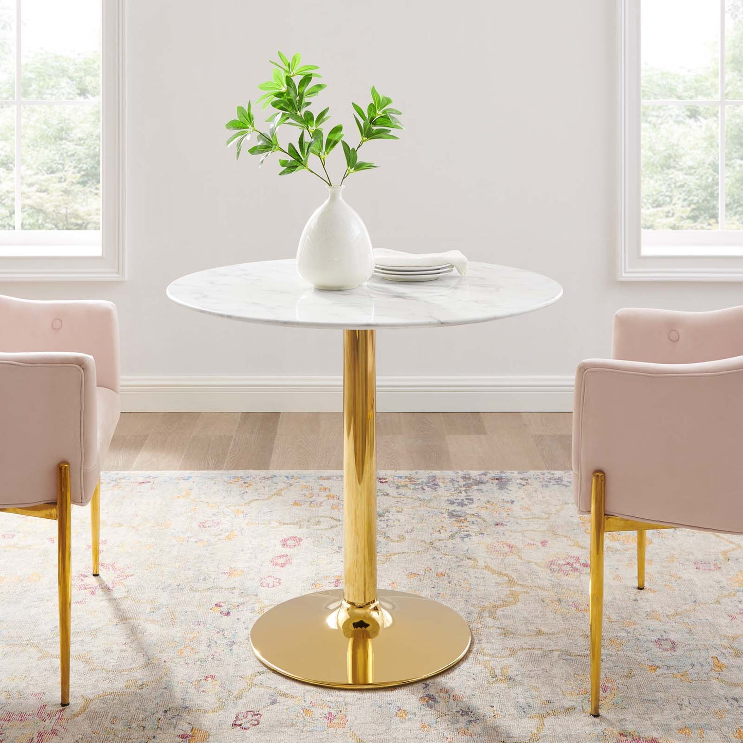 Verne 35" Artificial Marble Dining Table Gold White EEI-4549-GLD-WHI