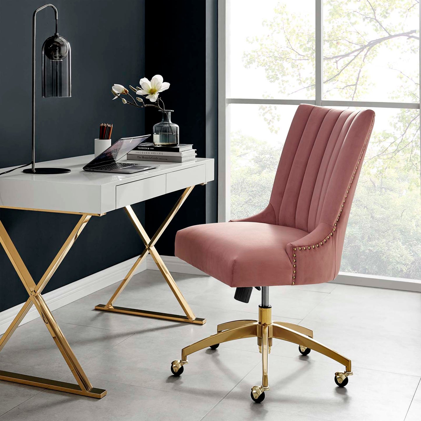 Empower Channel Tufted Performance Velvet Office Chair Gold Dusty Rose EEI-4575-GLD-DUS