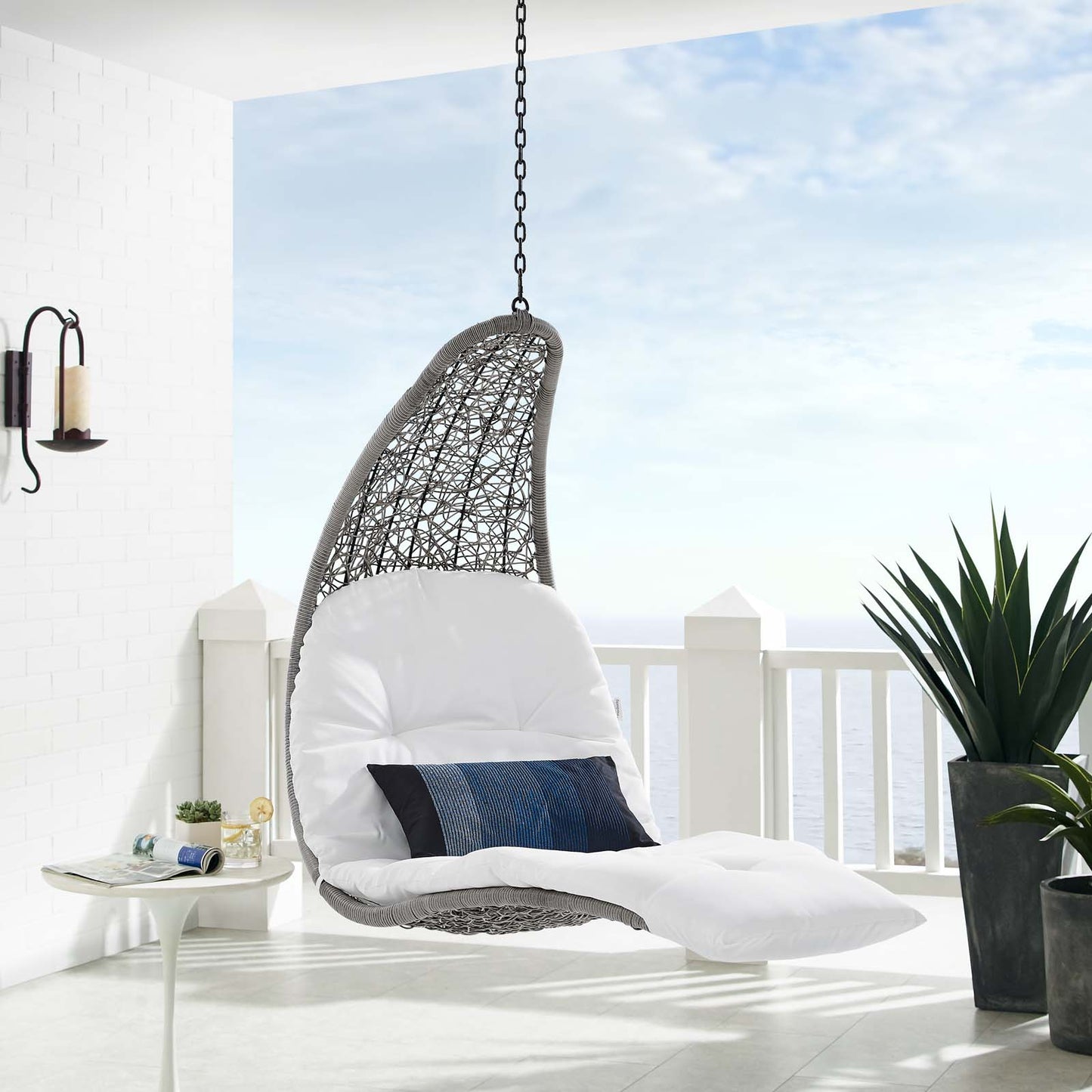 Landscape Hanging Chaise Lounge Outdoor Patio Swing Chair Light Gray White EEI-4589-LGR-WHI
