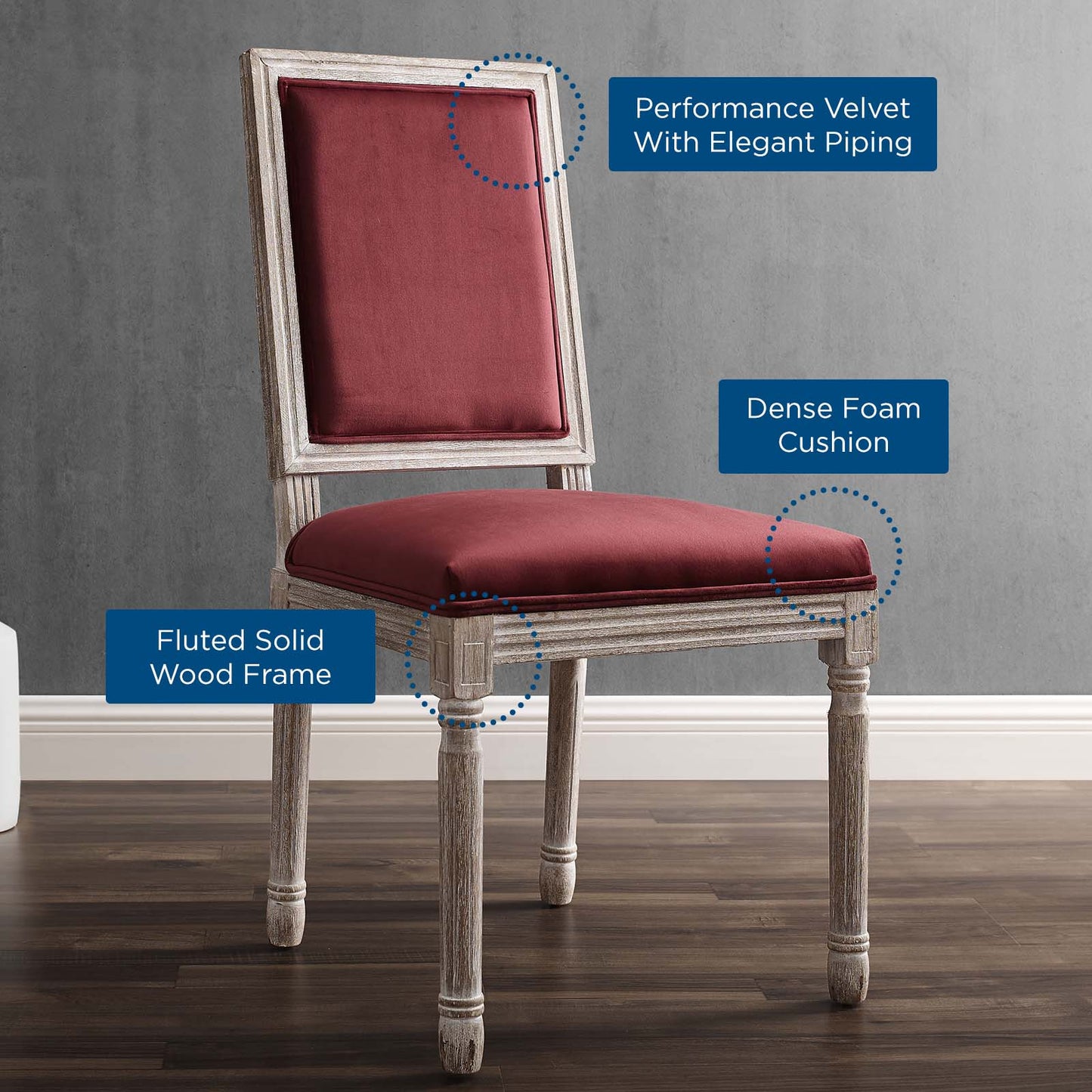 Court French Vintage Performance Velvet Dining Side Chair Natural Maroon EEI-4662-NAT-MAR
