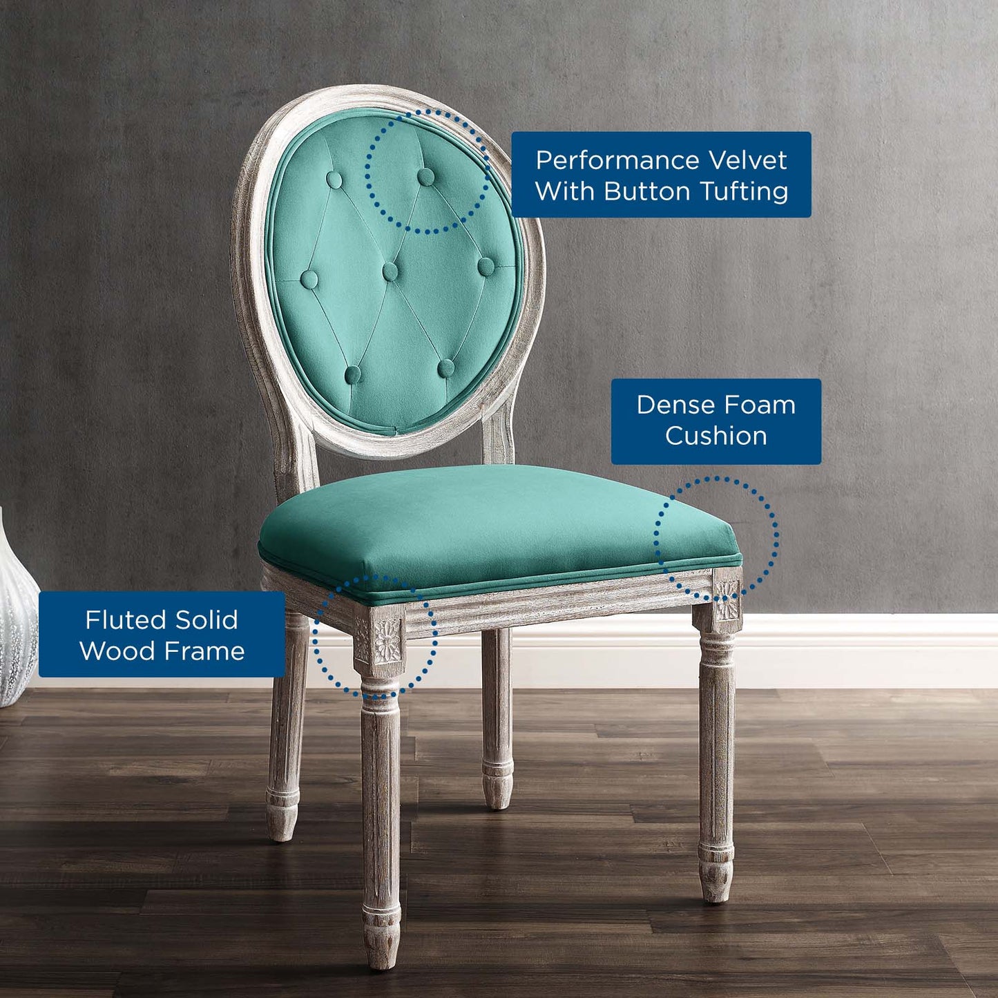 Arise Vintage French Performance Velvet Dining Side Chair Natural Teal EEI-4665-NAT-TEA