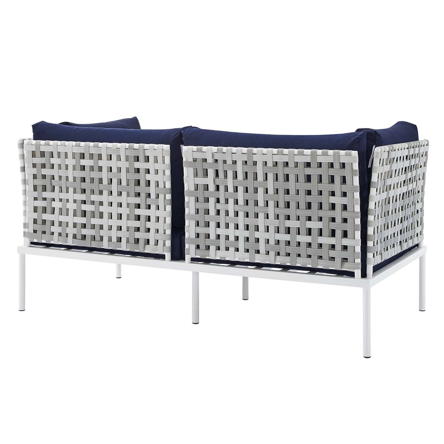 Harmony 4-Piece  Sunbrella® Basket Weave Outdoor Patio Aluminum Seating Set Taupe Navy EEI-4688-TAU-NAV-SET