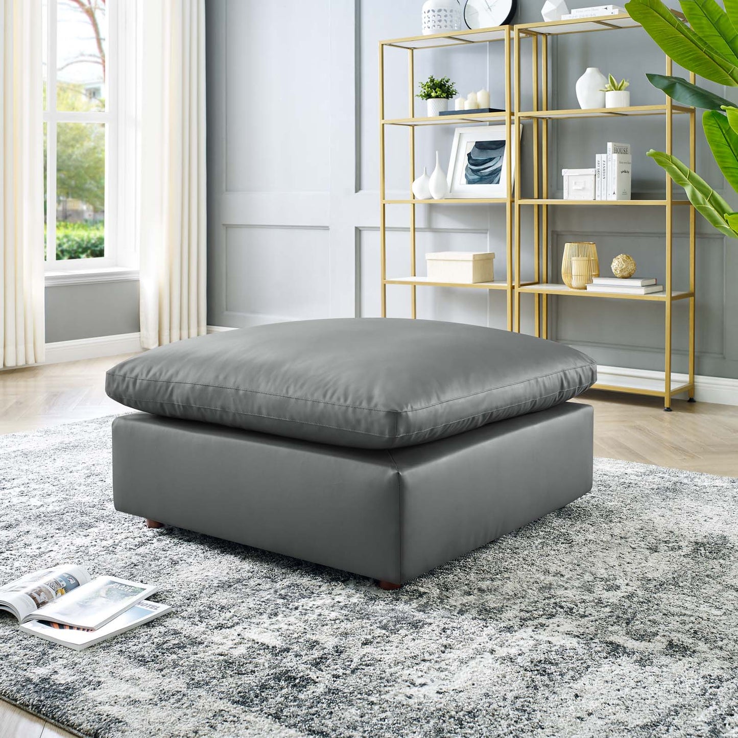Commix Down Filled Overstuffed Vegan Leather Ottoman Gray EEI-4695-GRY