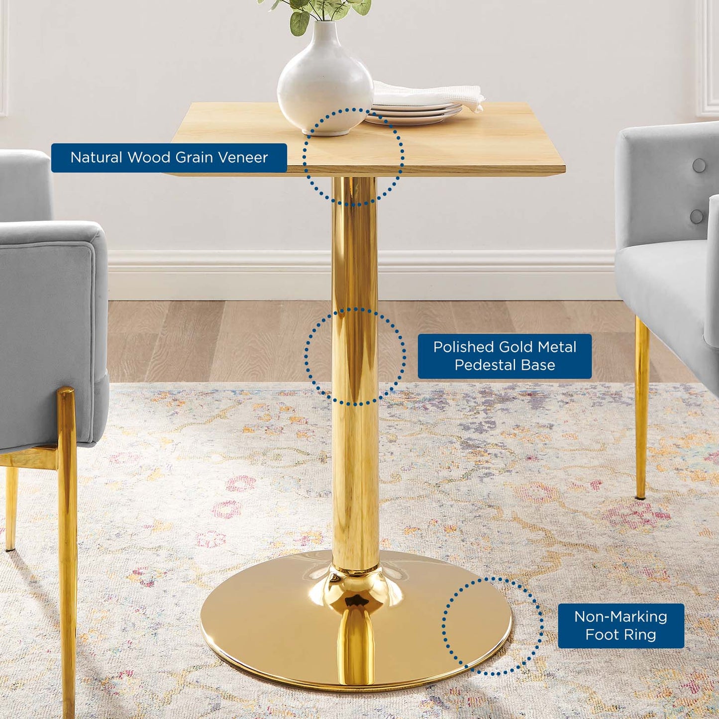 Verne 24" Square Dining Table Gold Natural EEI-4741-GLD-NAT