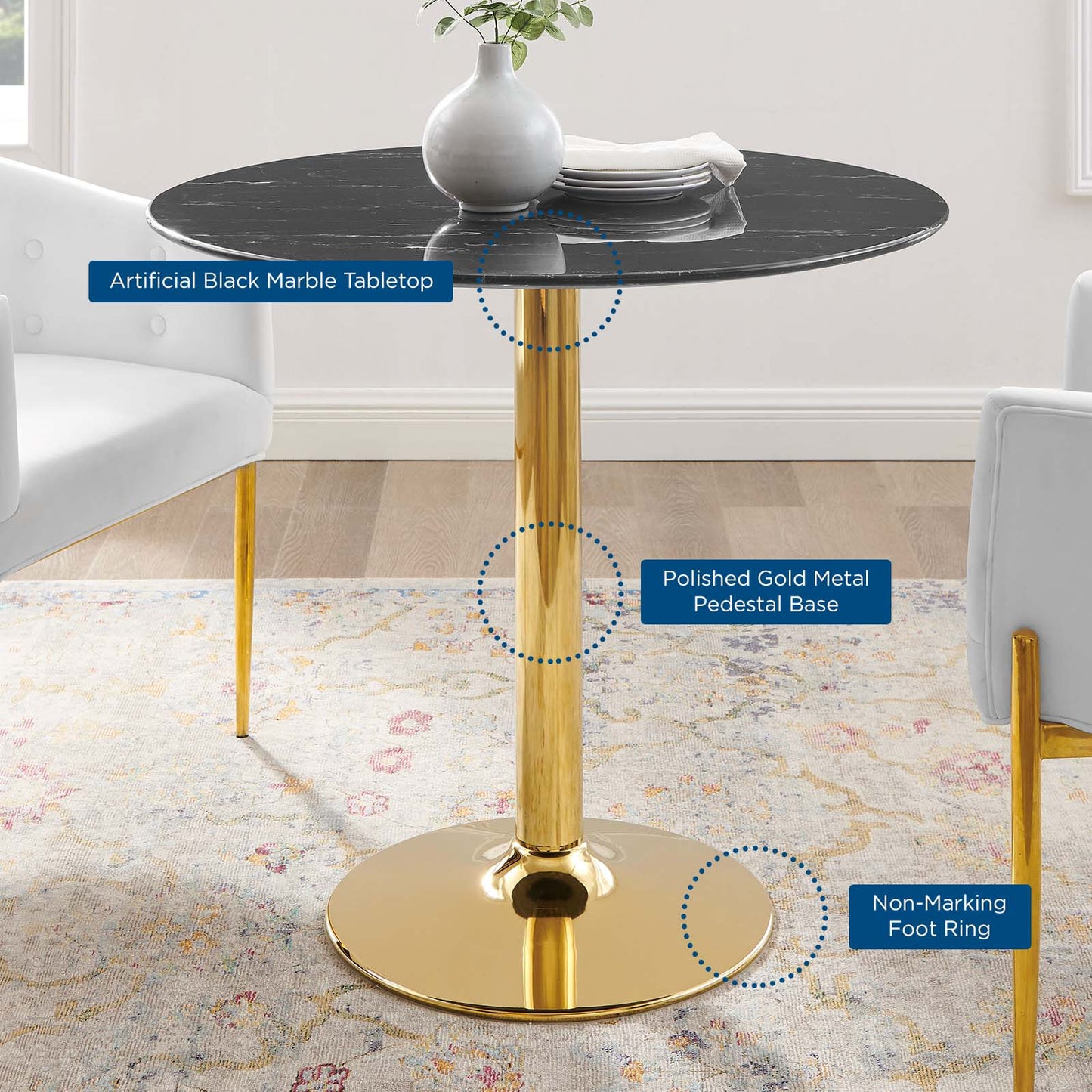 Verne 35" Artificial Marble Dining Table Gold Black EEI-4747-GLD-BLK