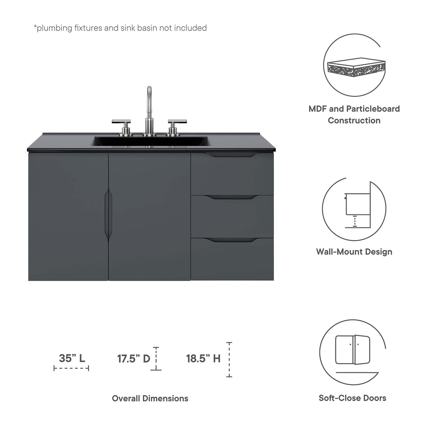 Vitality 36" Bathroom Vanity Cabinet (Sink Basin Not Included) Gray EEI-4894-GRY