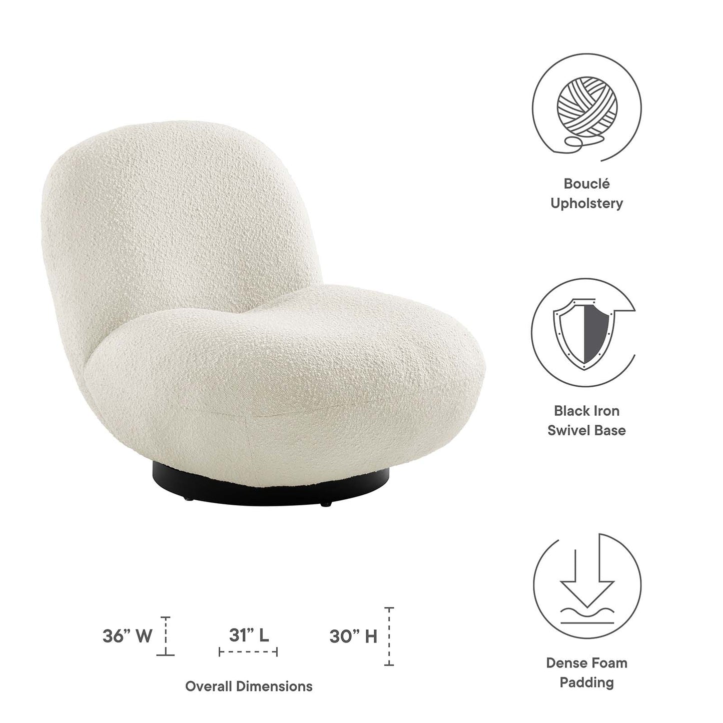 Kindred Boucle Upholstered Upholstered Fabric Swivel Chair Black Ivory
