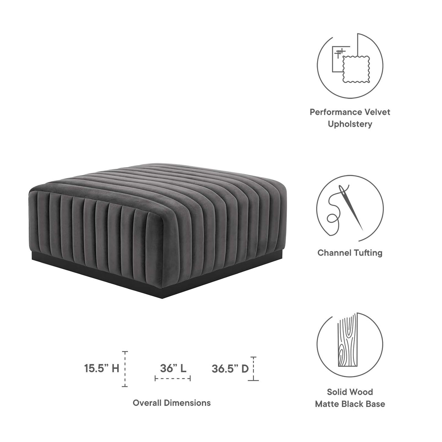Conjure Channel Tufted Performance Velvet Ottoman Black Gray EEI-5500-BLK-GRY