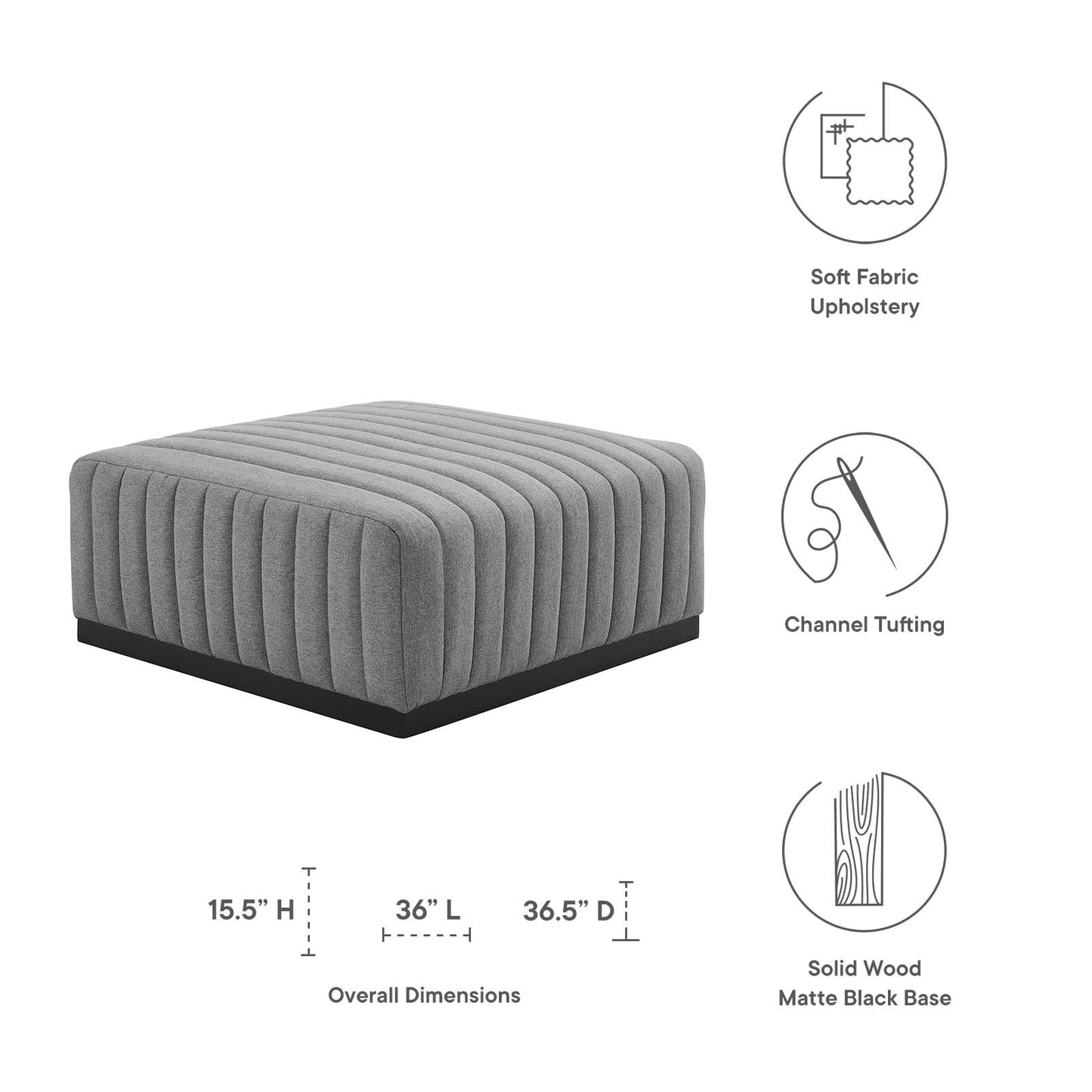 Conjure Channel Tufted Upholstered Fabric Ottoman Black Light Gray EEI-5501-BLK-LGR