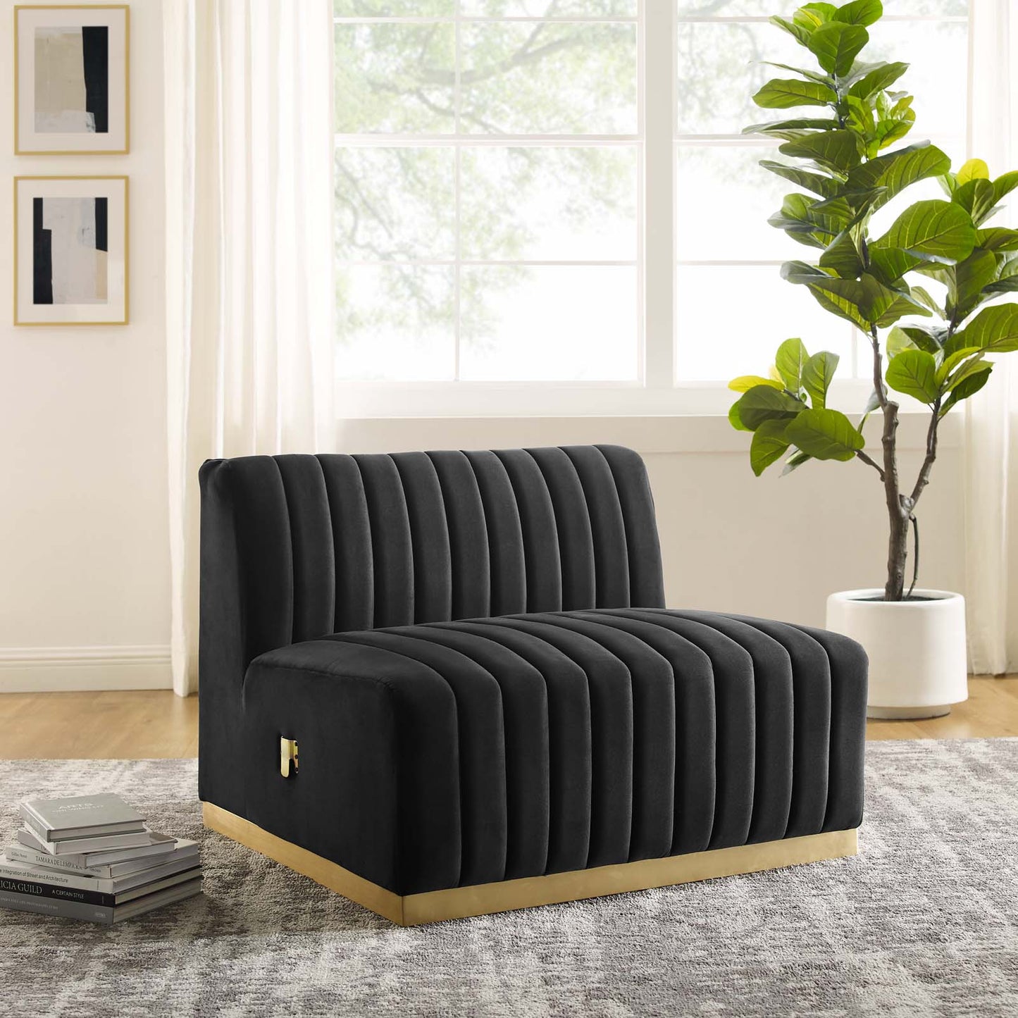 Conjure Channel Tufted Performance Velvet Armless Chair Gold Black EEI-5504-GLD-BLK