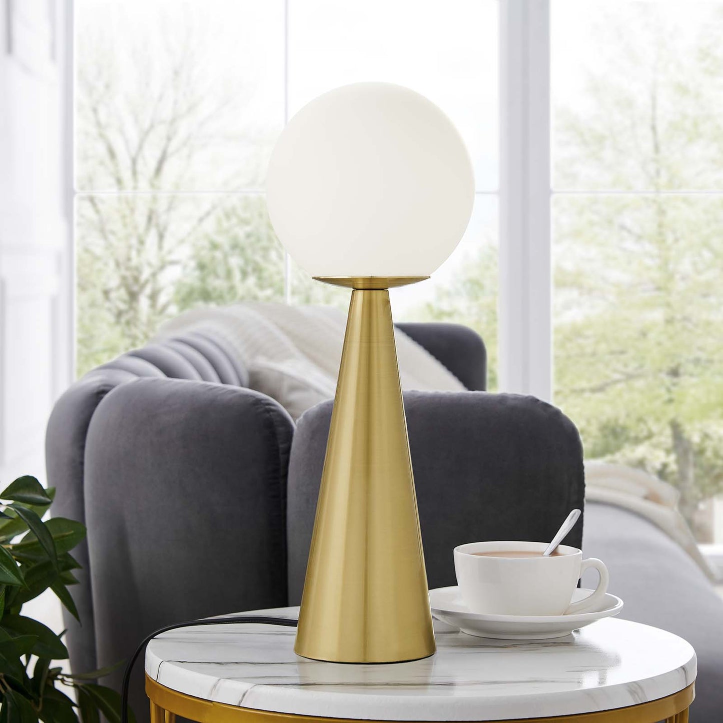Apex Glass Globe Glass Table Lamp White Satin Brass EEI-5621-WHI-SBR
